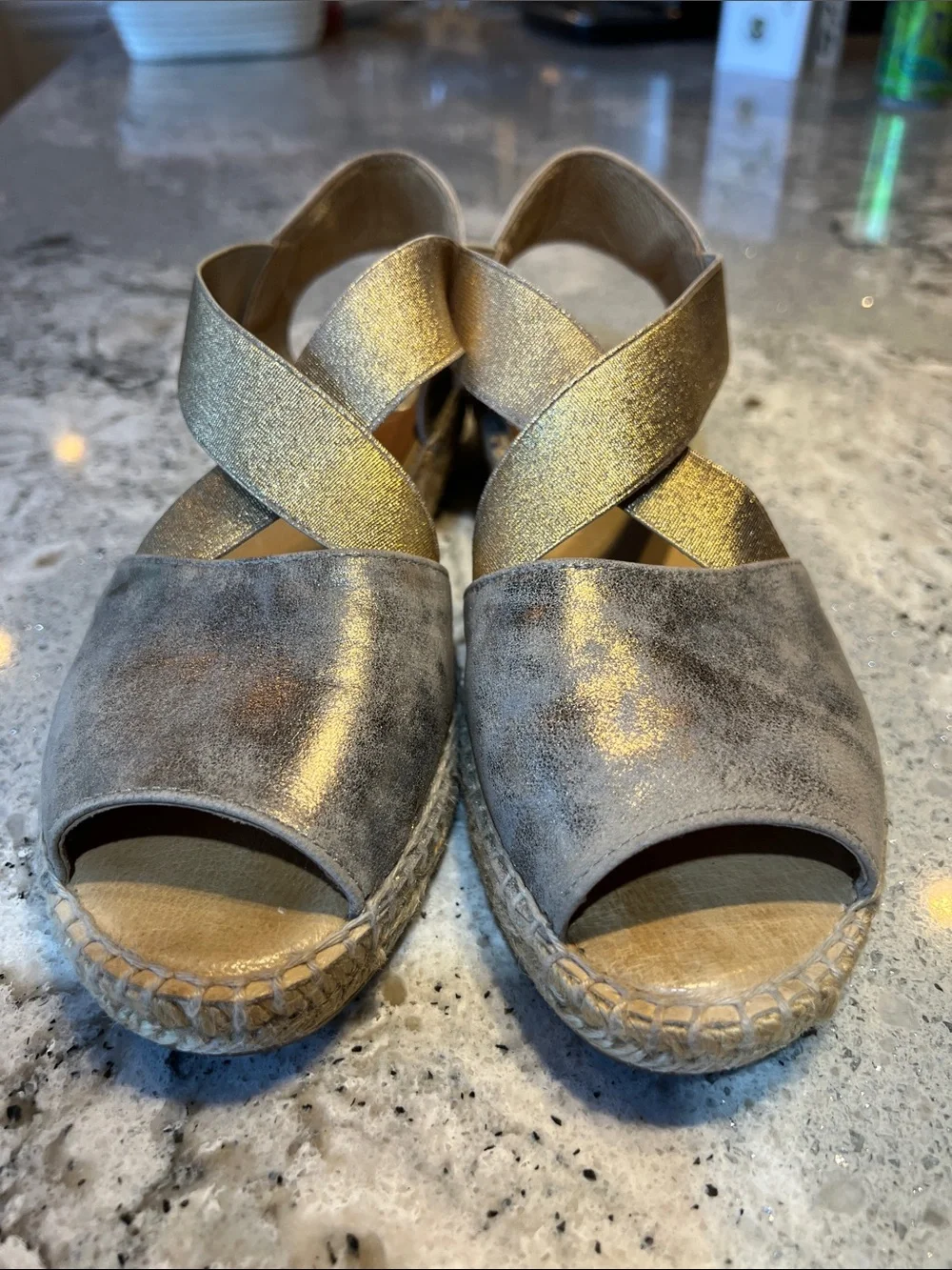 kanna Metallic Silver and Gold Cross-Strap Espadrille Sandals EU38 US7.5/8